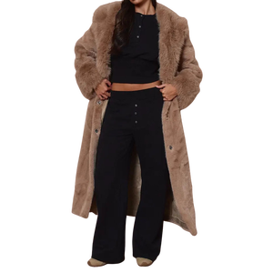 Conjunto de Dos Piezas para Mujer con Logotipo Personalizado, Top Corto con Botones de Felpa, Color Sólido, Corte Holgado, Ropa Casual de Invierno, Pantalones Anchos de Pierna Larga - Product Image 1