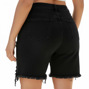 Women's Summer Denim Shorts Straight Loose Fit Vintage Distressed <b>Button</b> Closure Breathable Eco Friendly Casual <b>Jeans</b> - Product Image 2