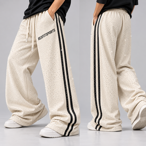 Custom Men Rhinestone Wide Leg Sweatpants Side Stripe <b>Baggy</b> <b>Track</b> <b>Pants</b> Relaxed Fit Streetwear Drawstring Wholesale Supplier - Product Image 4