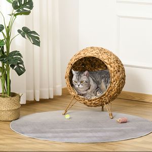 Collezione Autunnale: Cuccia per Gatti Intrecciata a Mano da 20,5 Pollici, Villa Rialzata in MDF con Cuscino Marrone per Piccoli Animali, Cuccia per Cani - Product Image 2