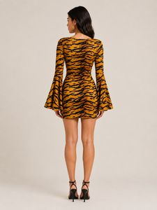 Robe Courte Femme Écologique Imprimé Tigre Manches Longues Manchette Évasée Moulante Décontractée Quotidienne Orange Noir - Product Image 2