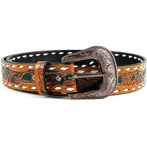 Wholesale Manufacturer Floral Embossed Men's Fashion <b>Western</b> Leather tooling <b>belt</b> with designer antique brass pin buckle - Product Image 1