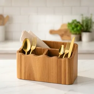 Support à Couverts en Bois de Mangue à 3 Compartiments, Organisateur de Couverts et Serviettes en Bois pour Cuisine, Buffet, Restaurant (Vente en Gros) - Product Image 3