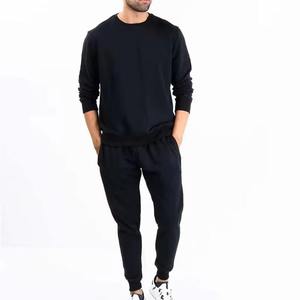 Men's <b>Black</b> Cotton <b>Sweatshirt</b> And Joggers Set <b>Crew</b> <b>Neck</b> Regular Fit Solid Color Casual Autumn Wear Two Piece Tracksuit - Product Image 1