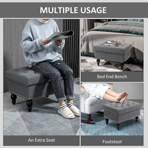 Pouf in Tessuto Trapuntato Grigio da 25 Pollici con Coperchio Rimovibile e Gambe in Legno, Panca con Bottoni per Casa, Ufficio o Ingresso, Poggiapiedi Rettangolare - Product Image 6