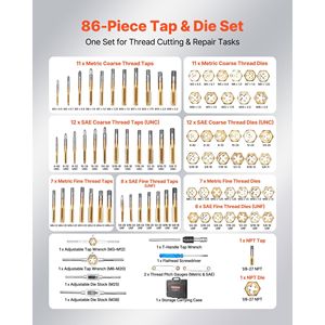 Set di 86 Pezzi di Maschi e Filiere per Misure Metriche e SAE da M3 a M12 # Set di Maschi e Filiere per Filettatura Grossa e Fine da 4 a 5/8 Pollici con Chiave e Valigetta per il Trasporto - Product Image 2