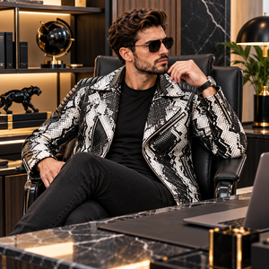 <b>Mens</b> Black White Embossed Snake Skin Leather Biker <b>Jacket</b> Premium Breathable Winter <b>Motorcycle</b> Moto <b>Jacket</b> Stylish - Product Image 6