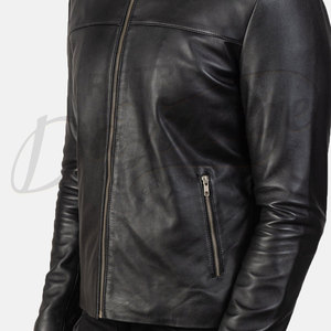 Veste de motard en cuir véritable noir de qualité supérieure pour hommes, coupe ajustée, col montant, fermeture éclair classique, manteau décontracté pour moto et streetwear - Product Image 2