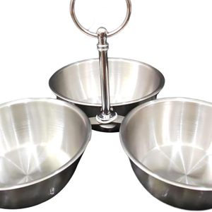 Stainless steel <b>3</b> bowl snack stand, metal serving stand with bowls, <b>3</b> tier snack serving set, steel bowl stand with handle, - Product Image 1