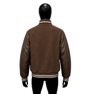 Veste universitaire classique marron confortable pour usage quotidien, avec manches en cuir, couleur unie, col rabattu, style décontracté - Product Image 2
