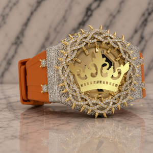Factory Wholesale Luxury Diamond Watch, Gold Dial, Thorn Bezel, Orange Rubber Band - Product Image 1