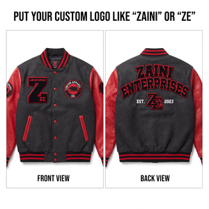 ZAINI Premium 400 GSM Wool Blend Faux <b>Leather</b> Sleeve Windproof Varsity <b>Jacket</b> Black Red Panels Custom Chenille Embroidery Logo - Product Image 1