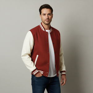 New <b>Men's</b> Red Varsity <b>Jacket</b> With Embroidered Logo Front Casual Autumn Wear Turn-down Collar Regular Fit Polyester Cotton Shell - Product Image 6