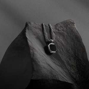 Silver Black Onyx Oval Pendant Necklace Sterling Silver Square Stone <b>Chain</b> Personalized Children's Men's Gift Jewelry Ethnic - Product Image 1