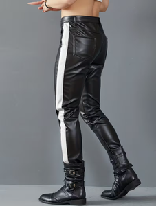 <b>Men</b> <b>s</b> High Waist PU Coated Moto Pants With Side Stripe Zipper Fly Black leather look pants faux leather pants PU leather <b>trouser</b> - Product Image 3