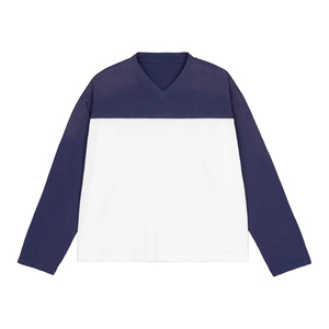 100% Cotton Custom Men Boxy T Shirt Long Sleeve V Neck Street Wear Layered Contrast Sleeve Customized printing 3D Embroidery - Product Image 1