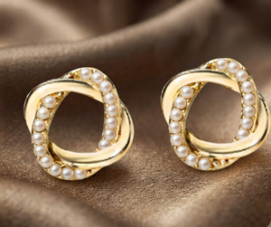 Gold Plated Pearl Stud Earrings IGI Certified Trendy Knot Design <b>for</b> Women Party <b>Gift</b> - Product Image 1