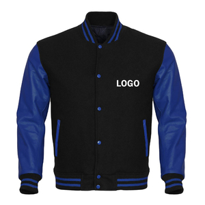 Chaqueta Varsity Negra para Hombre con Mangas de Cuero PU Azul, Cuello Camisero, Corte Regular, Estilo Preppy, Ropa de Otoño - Product Image 1