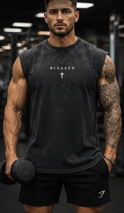เสื้อกล้ามพิมพ์ลายกางเขน Blessed Cross สำหรับผู้ชาย ผ้าฝ้าย เสื้อออกกำลังกาย ทรงปกติ คอกลม เสื้อยืดลำลอง สตรีทแวร์ - Product Image 3
