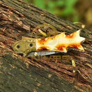 High Quality Damascus Steel Folding EDC <b>Knife</b> with Natural <b>Bone</b> <b>Handle</b> Leather Sheath Custom Hunting Camping <b>Knife</b> - Product Image 6