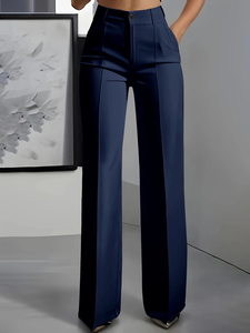 Pantalones de Verano para Mujer, de Cintura Alta, Pierna Ancha, Largos, de Color Sólido, Satinados, Cómodos, 100% Poliéster, Elegantes, Corte Recto, con Cierre - Product Image 5