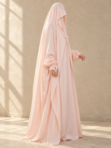 Abaya en mousseline rose poudré style saoudien avec voile intégral, poignets à volants, extensible dans quatre directions, pour femme, tenue de prière islamique modeste - Product Image 6