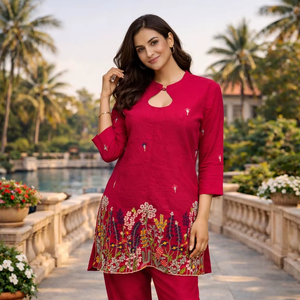 Conjunto de Kurti y Pantalón de Algodón y Seda Bordado para Mujer – Ropa Étnica de Diseño con Puntada de Cadena - Product Image 1