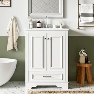 Mobile Bagno Moderno Freestanding da 24 Pollici con Lavabo in Ceramica, Mobiletto Contenitore con Chiusura Ammortizzata e Maniglie Argento - Product Image 3