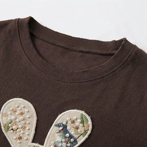 Camiseta Casual de Verano para Mujer con Bordado de Conejo y Cuentas, Manga Corta, Ajustada, Tejida, Cuello Redondo - Product Image 4