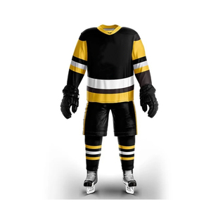 Ensemble d'uniformes de hockey sur glace personnalisés avec logo OEM, maillot de hockey noir et or imprimé par sublimation, vêtements de sport d'équipe à séchage rapide, fabricant - Product Image 1