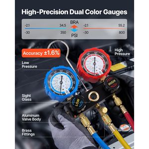 Set di Manometri AC con Tubi da 5 Piedi, Attacchi Rapidi e Adattatori per Refrigeranti R134a, R404A, R1234yf, R22 per Sistemi di Climatizzazione - Product Image 4