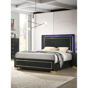 Queen Size <b>Bed</b> with LED W Black Wooden <b>Frame</b> and <b>Gold</b> Trim 1pc Up-Holstered Bedroom Furniture with Metal Bracket Legs - Product Image 1