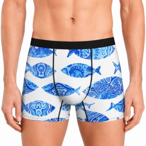 Custom Mens Sublimated <b>Boxer</b> Briefs Blue Fish Print Breathable Stretch Underwear Private Label Sports Underpants OEM Supplier PK - Product Image 1