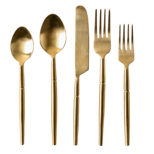 Ensemble de couverts modernes en acier inoxydable plaqué or avec poignée trompette, style minimaliste, luxe, 5 pièces (cuillère, fourchette, couteau) pour la restauration fine - Product Image 2