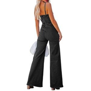 Mono vaquero negro personalizado sin tirantes de pierna ancha para mujer, con corpiño ajustado, largo hasta el suelo, estilo streetwear de una pieza para noche. - Product Image 2