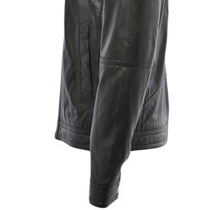 <b>Men's</b> Black Solid Color Genuine <b>Leather</b> Moto <b>Jacket</b> Stand Collar Zipper Closure Regular Fit <b>Leather</b> <b>Jacket</b> Available For Sale - Product Image 4