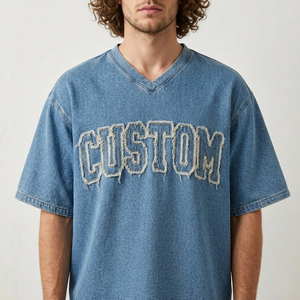 T-shirt col en V personnalisé délavé à l'acide, coupe oversize en coton, broderie vintage usée, style streetwear, vente en gros OEM - Product Image 3