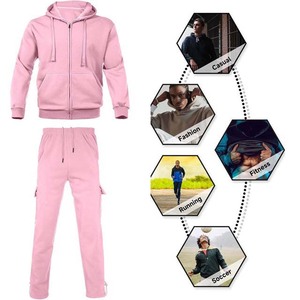 Unisex <b>Pink</b> Hooded <b>Tracksuit</b> <b>Set</b> Full Sleeve Solid Color Cotton Casual Wear with Drawstring Pants and Side Pockets Autumn Style - Product Image 3
