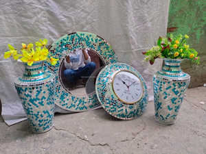 นาฬิกาโลหะติดผนังทรงกลมทำจากแก้วโมเสกสไตล์โบราณนาฬิกาแขวนผนังโลหะพร้อมจอแสดงผลแบบเข็มสำหรับใช้ในเวลาและตกแต่งผนัง - Product Image 4