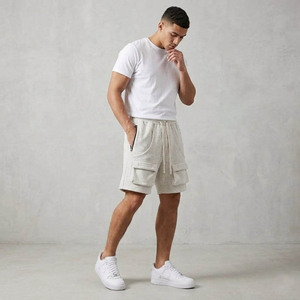 Shorts cargo pour homme, couleur unie, taille mi-haute, cordon de serrage, décontractés, respirants, en coton tricoté, avec poches - Product Image 6