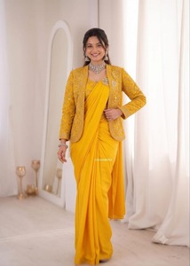 Heavy Work Satin Saree Bridal Party Wear Satin Saree Stylish Satin Saree with <b>Jacket</b> <b>Womens</b> Indian Designer Satin Saree - Product Image 4