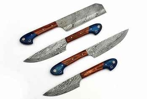 Ensemble de couteaux de chef écologiques ambidextres, lames en acier Damas, manches en bois de rose bleu et brun - Product Image 4