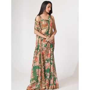 Atractivo verde estampado floral Organza Festival Sari con blusa - Product Image 6