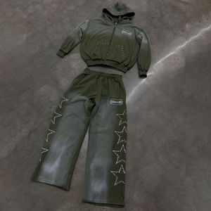 Survêtement homme 2026 en molleton 100% coton avec strass, coupe évasée, logo personnalisé, fermeture éclair, pantalon baggy délavé à l'acide - Product Image 5