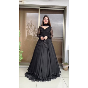 VESTIDO DE TRABAJO DE ENCAJE GEORGETTE A LA MODA CON DUPATTA NEGRO - Product Image 1