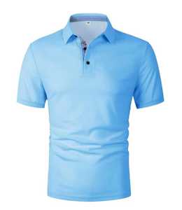 Men's <b>Light</b> <b>Blue</b> Cotton Pique Short Sleeve <b>Polo</b> <b>Shirt</b> Solid Color Casual Regular Fit Breathable Knitted Design - Product Image 2