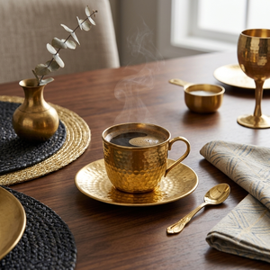Juego de taza de té de latón martillado a mano con platillo, taza de café turca de lujo dorada, taza de espresso, vajilla para hotel, restaurante, venta al por mayor - Product Image 4