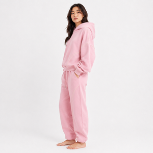 Women <b>Pink</b> Oversize <b>Tracksuit</b> Full Length Loose Fit Cotton Sweatshirt And Pants Set With Side Pockets And Drawstring Closure - Product Image 3