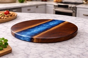 Plato giratorio Lazy Susan hecho a mano con resina azul y madera para comidas familiares, desayunos, cafeterías y restaurantes. - Product Image 6