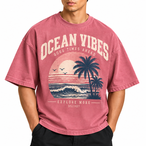 Camiseta Extra Grande para Hombre con Estampado Ocean Vibes, Manga Corta, Algodón, Estilo Casual de Playa, Diseño con Logotipo Frontal - Product Image 1
